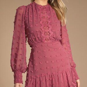Lulus Lust Or Love Mauve Embroidered Lace Long Sleeve Dress Pink - Size L